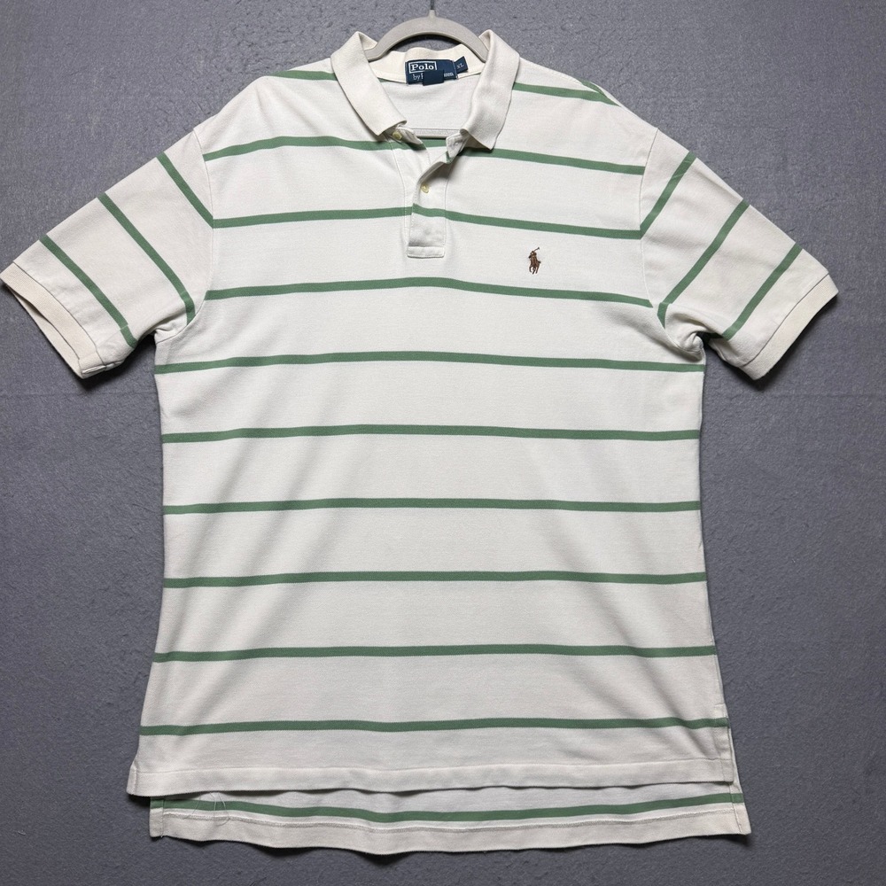 Polo Ralph Lauren Mens XL White Green Striped Pique Short Sleeve Polo Shirt